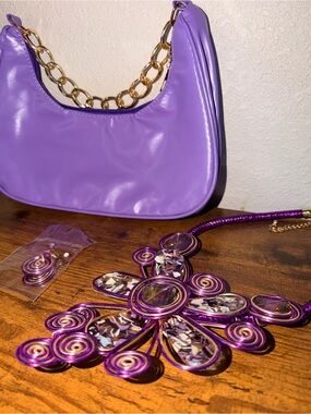 Purple Shoulder Bag with Gold Chain Handle Matching Necklace and Earrings